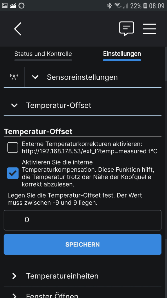 Temperatur offset einstellen in der Shelly App