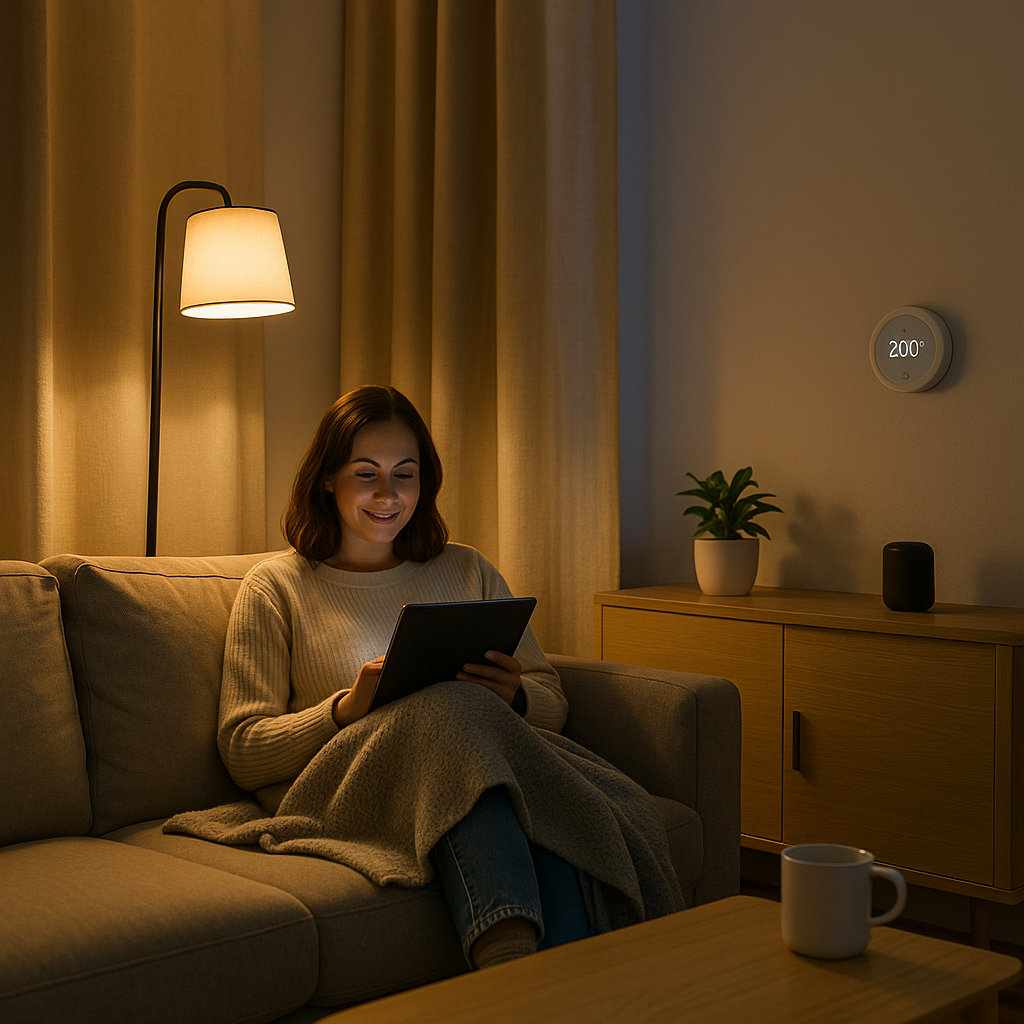 Moderner Haushalt mit smarten Geräten, LED-Beleuchtung und Thermostat, um Energiekosten im Haushalt zu sparen