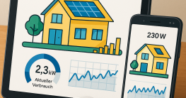 Infografik eines Hauses mit Verteilung von Heizenergie, Warmwasser und Stromverbrauch im Haushalt