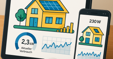Infografik eines Hauses mit Verteilung von Heizenergie, Warmwasser und Stromverbrauch im Haushalt