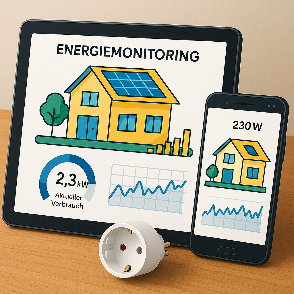 Infografik eines Hauses mit Verteilung von Heizenergie, Warmwasser und Stromverbrauch im Haushalt