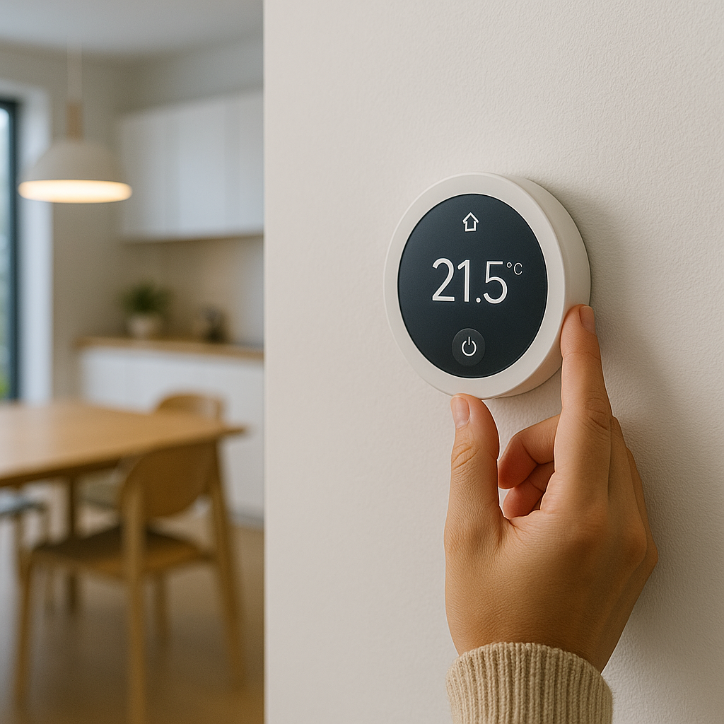 Person stellt ein smartes Heizkörperthermostat ein, um Heizkosten zu senken ohne zu frieren
