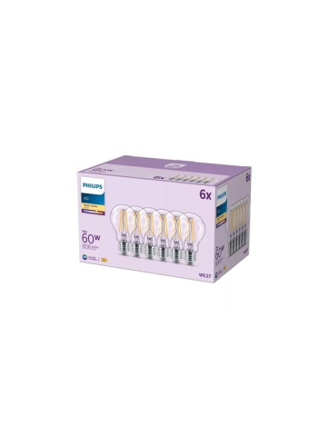 Philips LED-Lampe A60 7W/827 (60W) Clear 6-pack E27