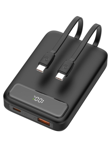 Deltaco PB-CC100 Powerbank  2x USB-C cables built-in  1x USB-A  1x USB-C Ports  PD  Black - 10000 mAh